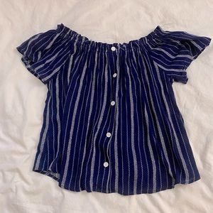 Daily Special Blue White Stripes Off The Shoulder Tropical Nautical Blouse